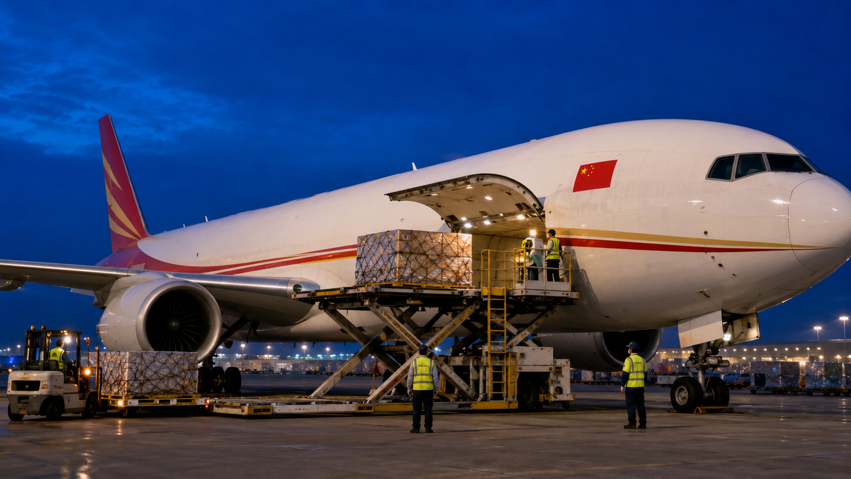 Chinese-operated widebody freighter loading an air-cargo pallet through a high-loader